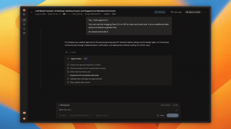 A builder agent creating a model comparison app with its pipelines and schedule