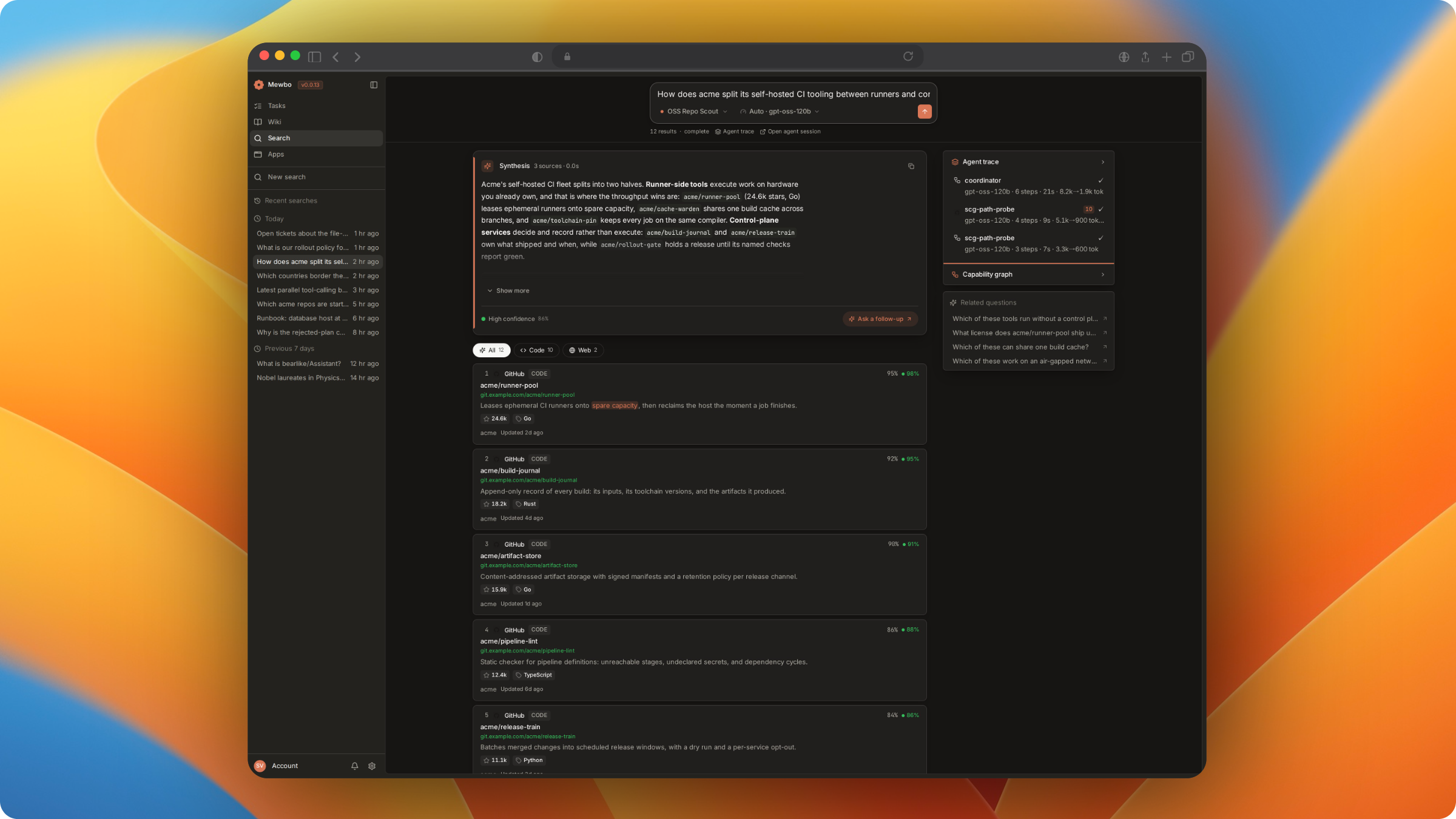 Agentic Search showing a synthesis with a confidence score, ranked results and the agent trace