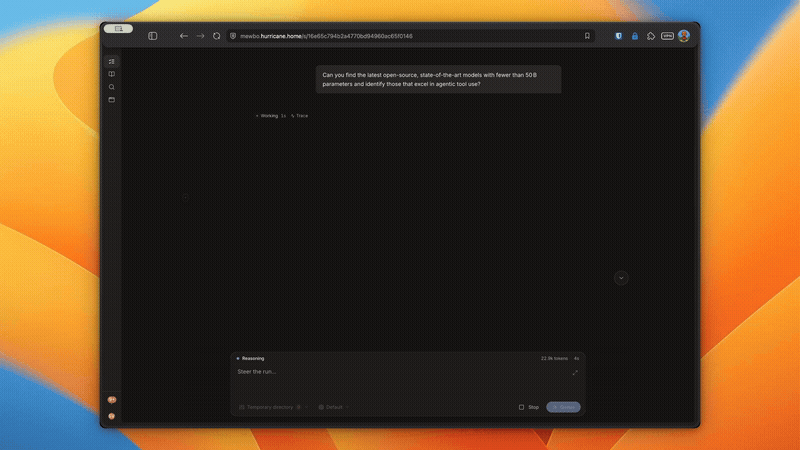 An agentic task streaming its work in the web console