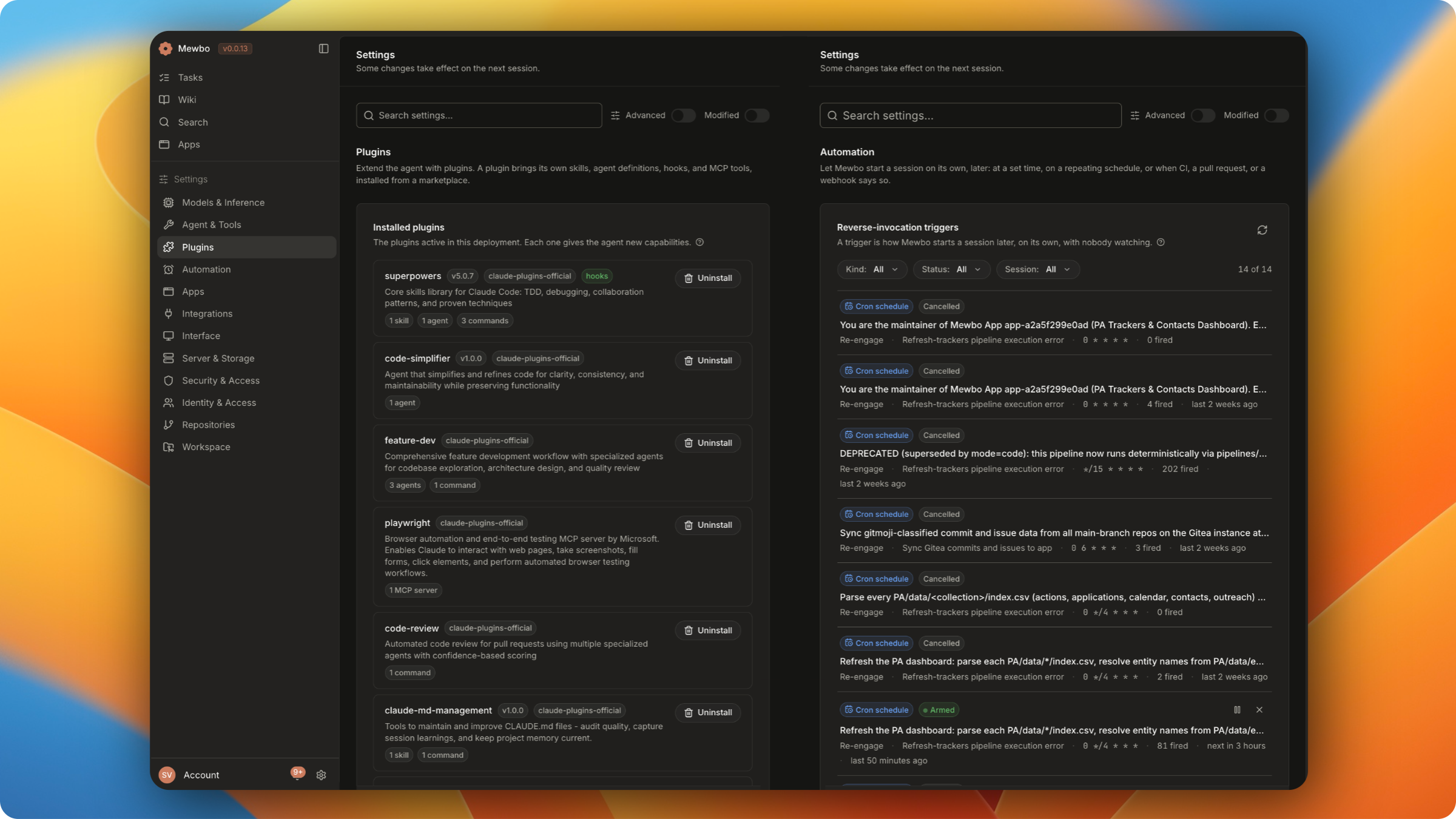 Installed Claude Code plugins beside a list of triggers with their schedules, fire counts and next fire times