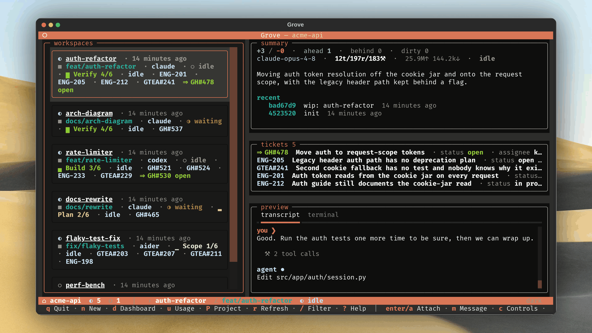 Grove terminal UI listing workspaces with phase counts and ticket references beside a live peek rail