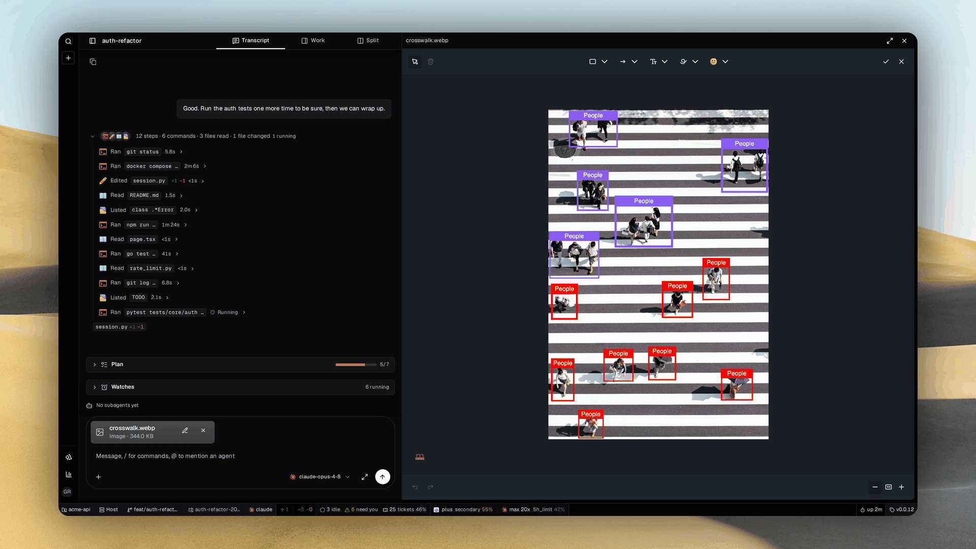 Grove's annotation editor open beside a transcript, with boxes and labels drawn on a staged photo