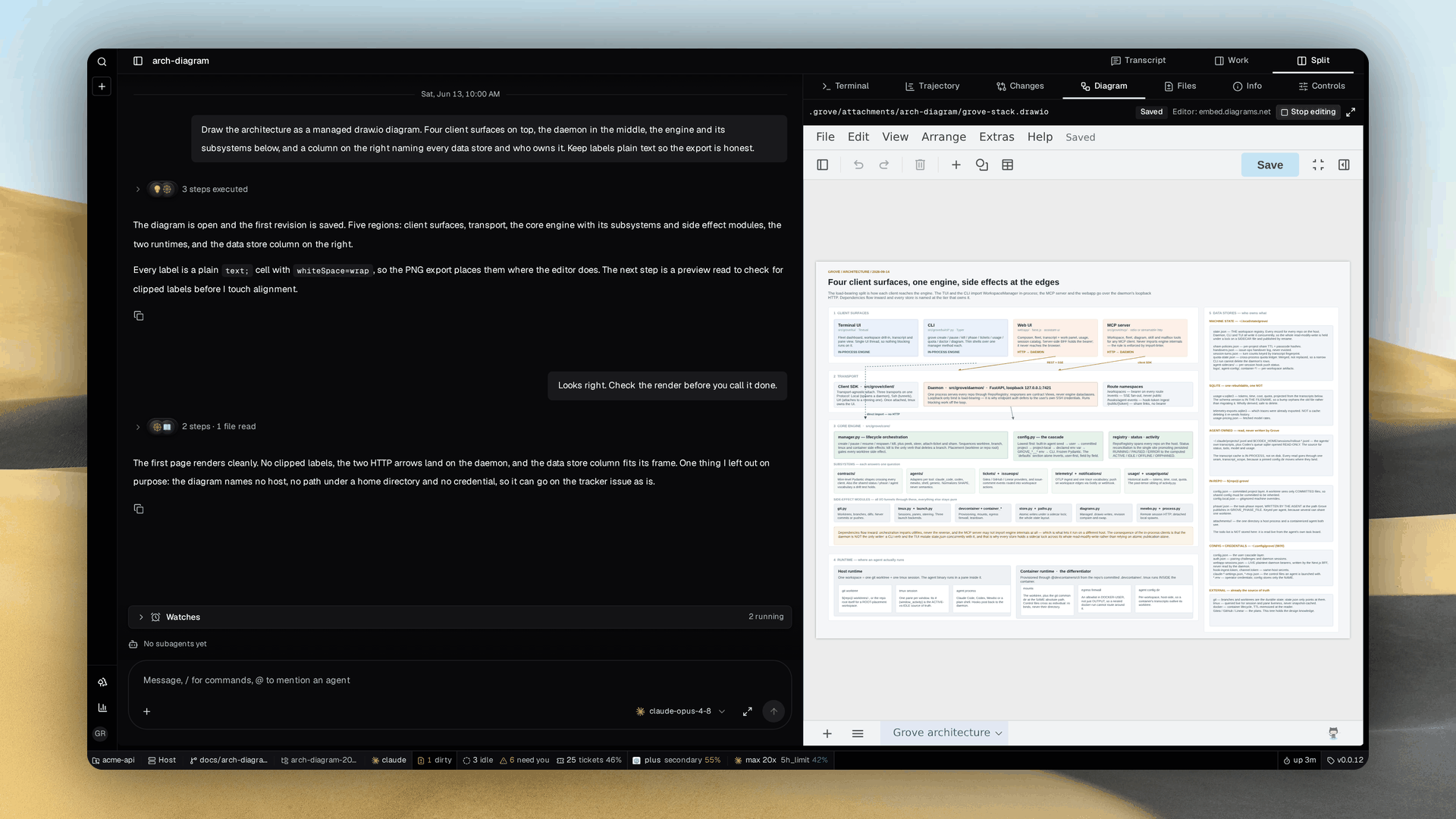 Grove transcript beside a draw.io architecture diagram the agent drew