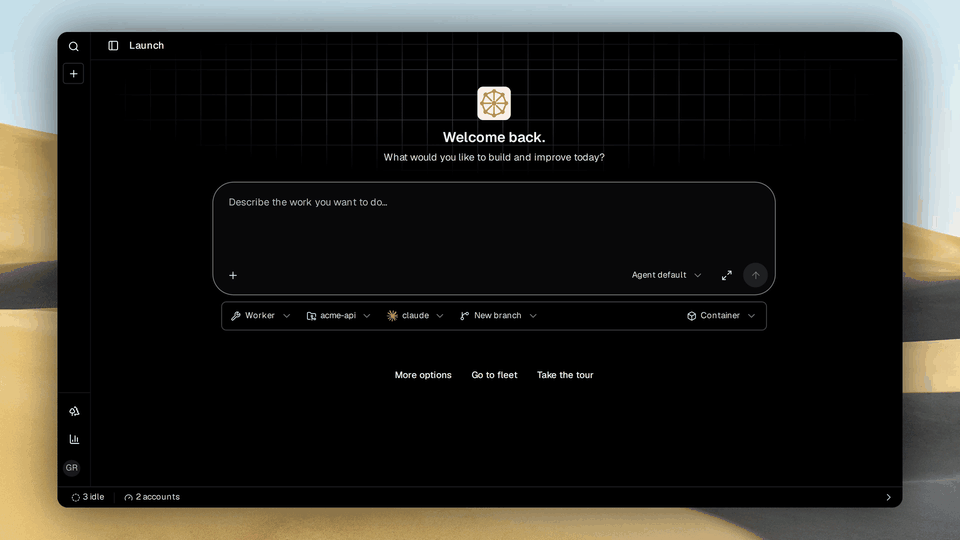Grove web dashboard cycling through the launch composer, session catalog, a workspace transcript, image annotation, an agent drawn diagram, the usage audit and the fleet grid